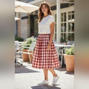 Joan Rivers Red Gingham Midi Skirt | Pockets | 100% Cotton | Size S